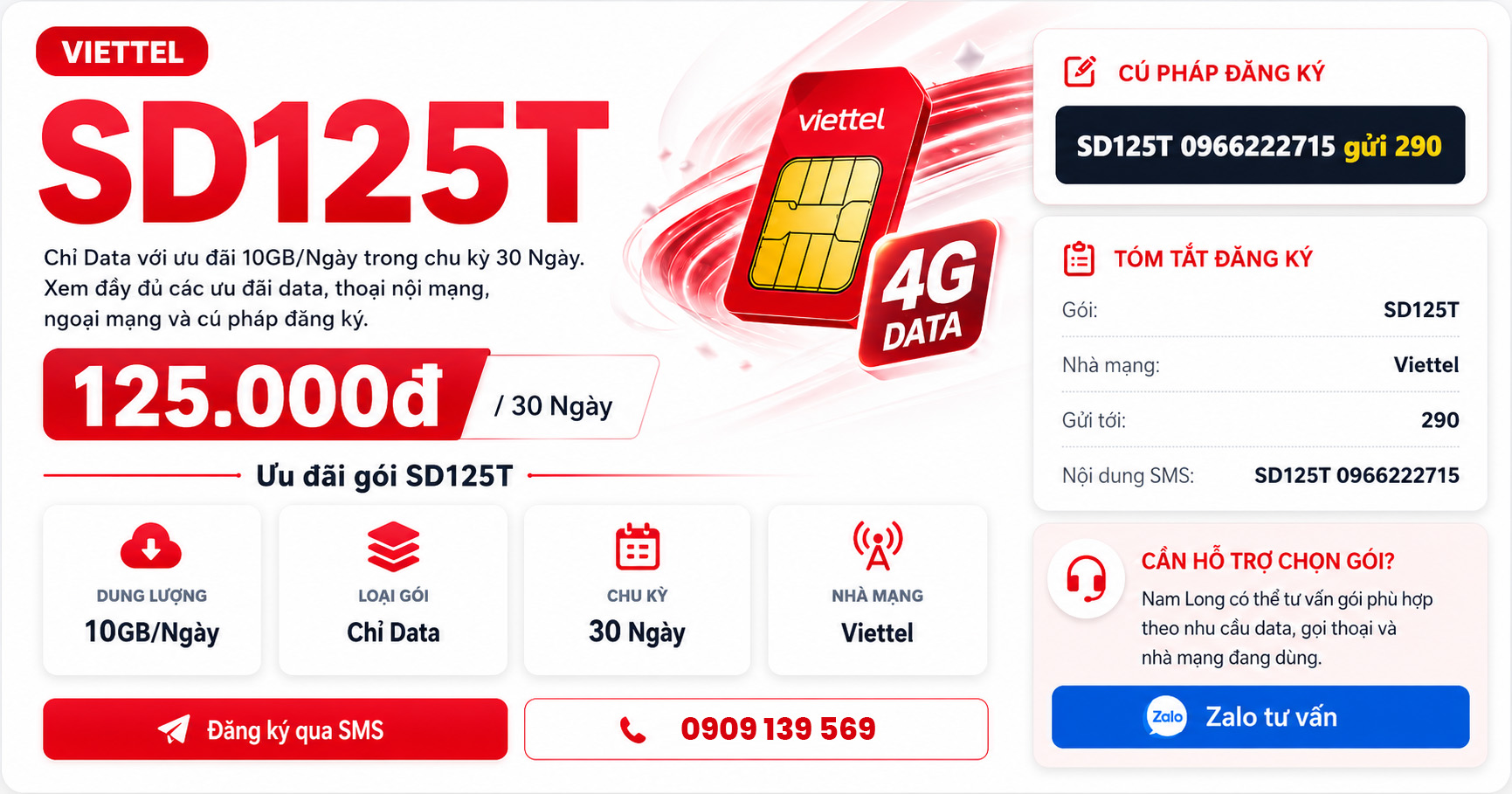 Đăng ký gói cước SD125T Viettel ưu đãi khủng