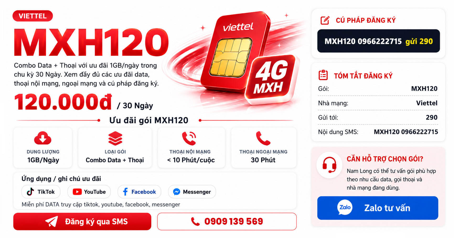 Đăng ký gói cước MXH120 Viettel ưu đãi khủng