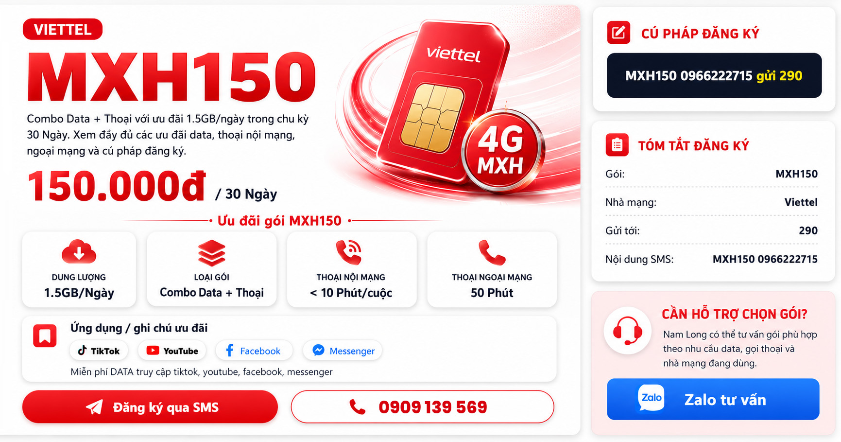 Đăng ký gói cước MXH150 Viettel ưu đãi khủng