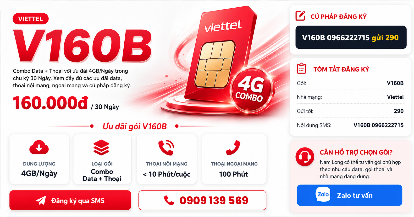 Đăng ký gói cước V160B Viettel ưu đãi khủng